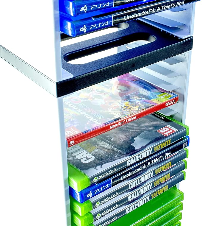 ADZ Game Storage Tower – Stores 36 Games or Blu-Ray Disks – Game Holder Rack for PS4, PS5, Xbox One, Xbox Series X/S Games and Blu-Ray Discs (White)