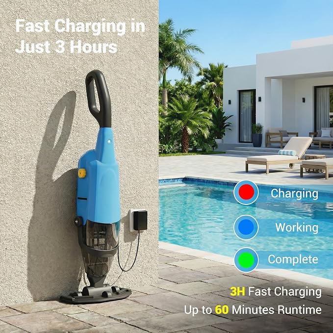 Pool Vacuum Above Ground Pool, 60min Runtime & 4-Section Aluminum Pole, 18 GPM Powerful Suction, Lightweight Cordless Handheld Rechargeable Pool Cleaner with 120μm Fine Filter (Blue)
