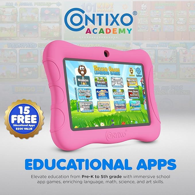 Contixo 7 inch Kids Tablet Bundle - Android Tablets and Kids Wired Headphones, with 14+ Games and Educational Apps, WiFi, 32GB ROM, Learning Tablet for Kids - Pink
