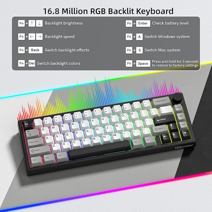 Womier Wireless 60% Gaming Keyboard with CNC Knob, QMK/VIA Creamy Mechanical Keyboard, Tri-Mode Thocky Custom Black White Key Board, Hot Swappable Gasket Mount RGB for Win/Mac(Q61 V2)