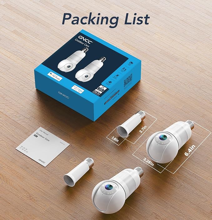 GNCC 2K Light Bulb Security Camera, 2.4G WiFi, Cloud Subscription Required | Easy Install, 350° Pan-Tilt, Motion Detect, 2-Way Audio, Color Night Vision, Light Bulb Timer, Dual Flexible Storage Options
