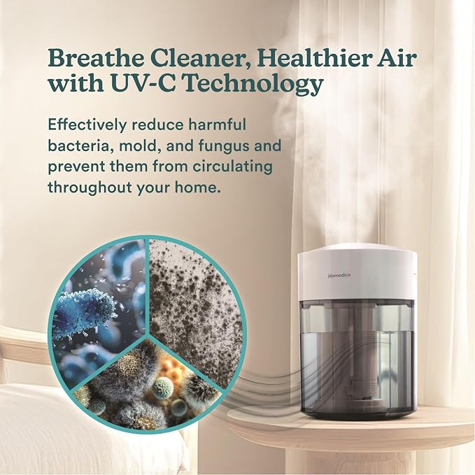HoMedics Humidifiers for Bedroom, Home, Nursery, Office and Plants. Total Comfort UV-C Ultrasonic Humidifier, Leak Resistant Design, 0.97 Gallon Tank, 35 Hour Run Time, Quiet, Cool Mist, Night Light