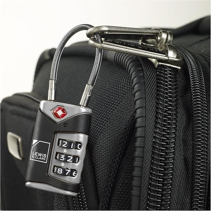 Lewis N. Clark TSA Approved Luggage Lock + Steel Cable for Suitcase, Carry On, BackPack, Laptop Bag + Purse, Perfect For Airport, Hotel or Gym - Set + Reset Your Own Combo, Black