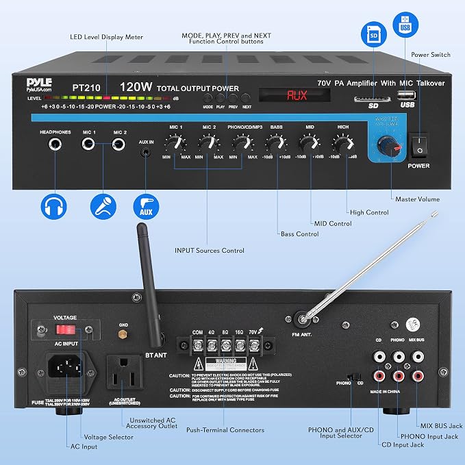 Pyle Home Compact Public Address Mono Amplifier - Professional 120 Watt Home Power Audio Sound PA Speaker Receiver System w/ RCA, Headphone, 2 Microphone Inputs, Independent Volume Control - PT210