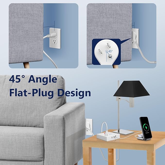 LIDER Outlet Extender with 6 Receptacles, USB-A and 2 USB-C, Ultra-Thin Flat-Plug, 6-Outlet Power Strip, Slim Angled Design, Surge Protector, 1500 Joules, 5ft Cord, UL-Listed, White, 2 Pack
