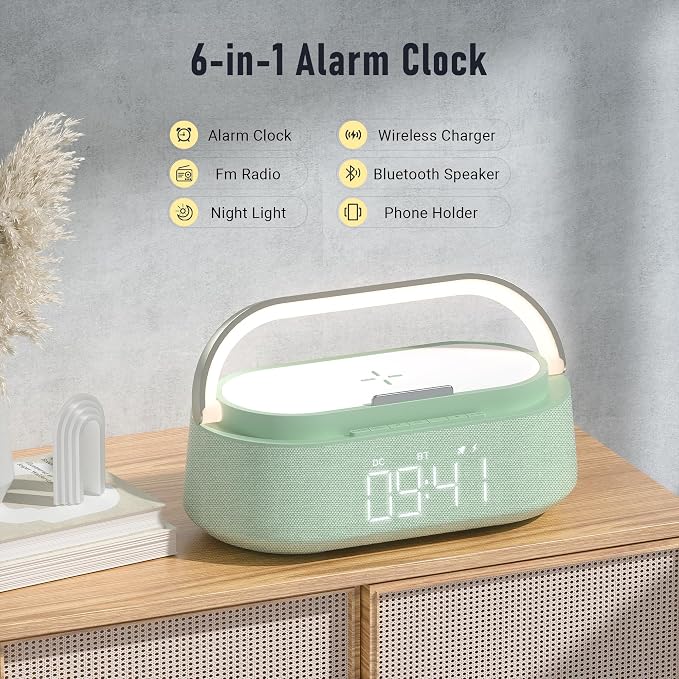 FREEFISH Bluetooth Speaker with Fast Wireless Charger,FM Radio,Touch LED Night Light,Phone Holder,Snooze, Portable Wireless Speaker for Bedrooms Office Home, Gifts