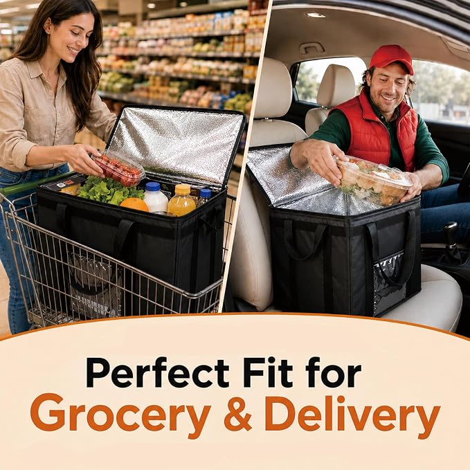 NZ home Insulated Bags for Food Delivery (Medium) Grocery Shopping Cooler Bag, Pizza Delivery, Hot & Cold Catering Tote, Reusable, Foldable & Heavy Duty (Black)