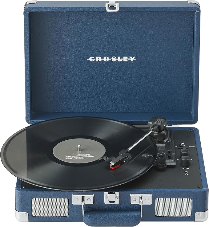 Crosley CR8005F-IB Cruiser Plus Vintage 3-Speed Bluetooth in/Out Suitcase Vinyl Record Player Turntable with Built-in Speakers, Ink Blue
