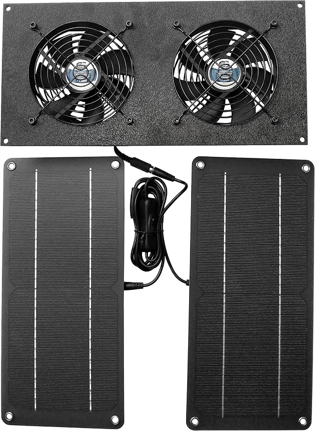 CoolerGuys 10W Solar Powered Dual Fan Kit for Small Chicken Coops, Greenhouses, Doghouses, Sheds, and Other Enclosures