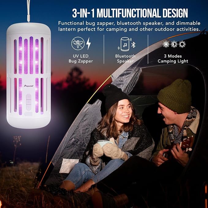 ASPECTEK 3-in-1 Rechargeable Bug Zapper with Bluetooth Speaker and Ambient LED Light, Portable Cordless Mosquito Killer for Patio, Camping and Garden, High-Voltage Electric Insect Control - White