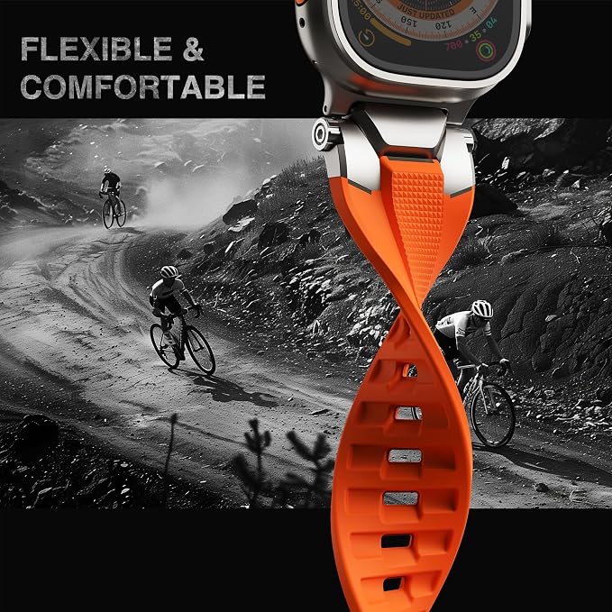 ULTIMAL Rugged Band for Apple Watch Ultra 3/2/1 49mm, Series 11/10/9/8/7/6/5/4 SE 46mm/45mm/44mm, Waterproof, Soft TPU Strap with Stainless Steel Buckle & Connectors, Sweat-Resistant, Easy to Clean, Fits 155-225mm Wrist (Titanium/Orange)