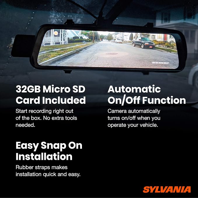 SYLVANIA - Roadsight Mirror Dash Camera and Backup Camera - 340 Degree View - HD 1080p, Elastic Mount, 32GB Memory Card, G-Sensor, 9.66" LED IPS Touch Screen, Truck, Car, Taxi