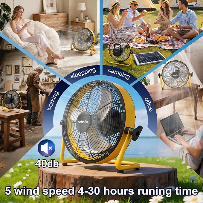 14 Inch Solar Powered Fan,360 Vertical Tilt Rechargeable Floor Fan,for Outside,Travel,Chicken Coop,Dog House,Shed,Greenhouse,Camping,Portable,Quiet