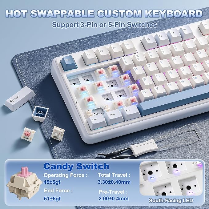 YUNZII B98 PRO QMK/VIA Wireless Mechanical Gaming Keyboard,96% Layout with Numpad and Cute Cat Knob, BT/2.4G/USB-C,Linear Switch Hot Swap Gasket,RGB for Win/Mac (Blue, Candy Linear Switch)