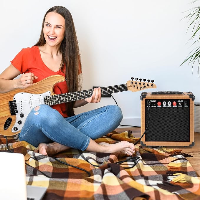 LyxPro Electric Guitar Amp 20 Watt Amplifier Built In Speaker Headphone Jack And Aux Input Includes Gain Bass Treble Volume And Grind - Natural