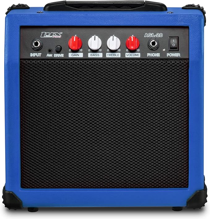 LyxPro Electric Guitar Amp 20 Watt Amplifier Built in Speaker Headphone Jack and Aux Input Includes Gain Bass Treble Volume and Grind - Blue