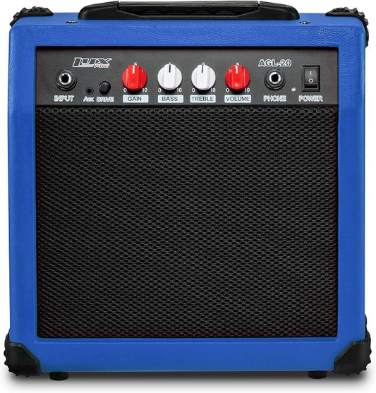 LyxPro Electric Guitar Amp 20 Watt Amplifier Built in Speaker Headphone Jack and Aux Input Includes Gain Bass Treble Volume and Grind - Blue