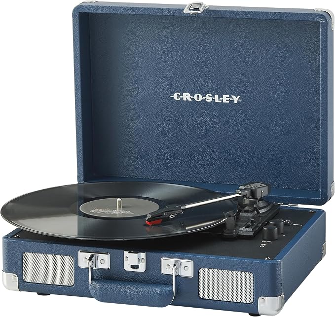 Crosley CR8005F-IB Cruiser Plus Vintage 3-Speed Bluetooth in/Out Suitcase Vinyl Record Player Turntable with Built-in Speakers, Ink Blue