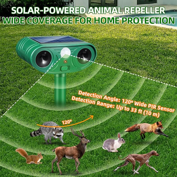 2026 Solar Animal Repellent Outdoor with Motion Deer Repellent Devices Ultrasonic Cat Deterrent Fox Raccoon Rabbit Squirrel Coyote Deterrent Waterproof for Yard & Garden 2Pack