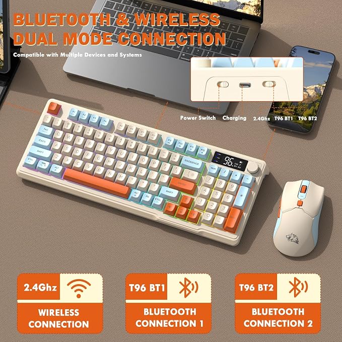 ZIYOU LANG T96 Wireless Gaming Keyboard and Mouse Combo,Dual Bluetooth/2.4G RGB Backlit Mechanical Feeling Keyboard with Smart Display & Knob,4000 DPI Gaming Mouse for PC Laptop Mac Wins-Blueberry