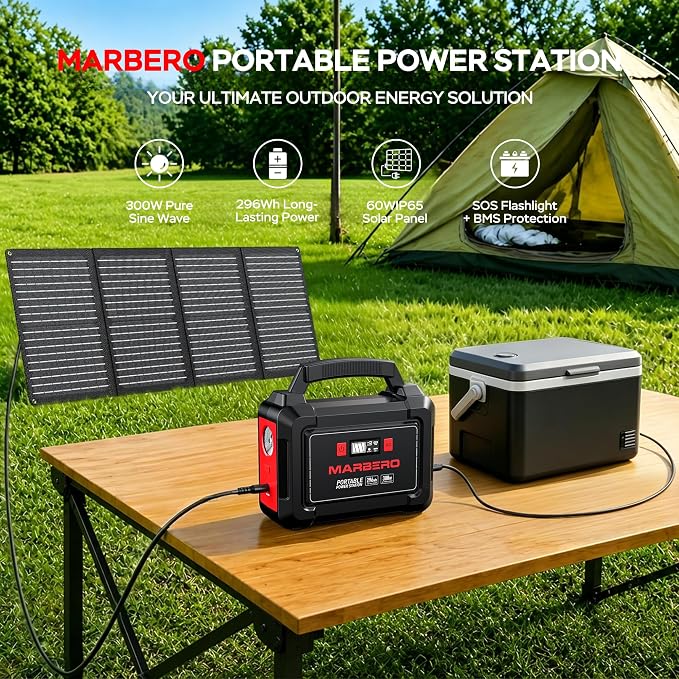 MARBERO Solar Generator 296Wh with Solar Panels 60W Portable Power Station with 300W Pure Sine Wave Solar Generator with Panels Included USB DC AC Outlet for Camping RV Van Outdoor Emergency Home