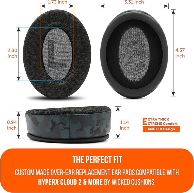 WC Freeze V2 Cloud - Angled Cooling Gel Earpads Compatible with HyperX Cloud Series by Wicked Cushions | Angled Pads for Extreme Comfort, New Freeze V2 Cooling Fabric, Extra Thick | Black Camo