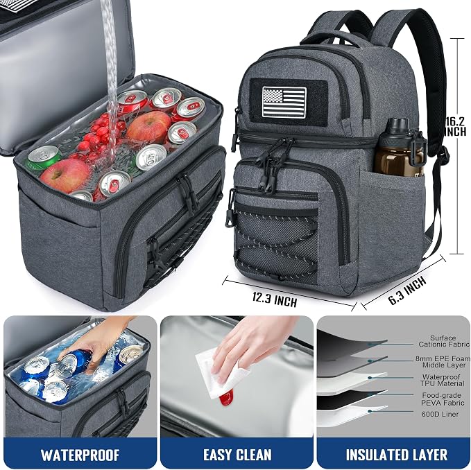 MOZETO Lunch Cooler Backpack Double Deck Lunch Box Backpack Insulated Leakproof Compartments Coolers Bag for Beach Travel Picnic Lunch Hiking BBQ Camping