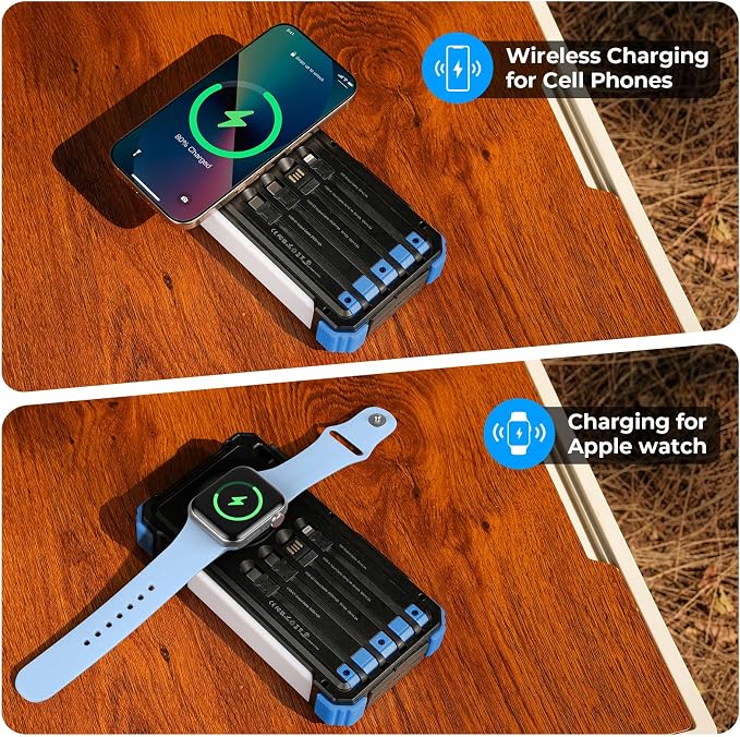 BLAVOR Solar Power Bank 20000mAh Built-in Cables, Wireless Charger for Phones & Apple Watch, 20W Fast Charging Battery Pack with USB C, Flashlight, Solar Charger for iPhone, iPad, iWatch, Samsung