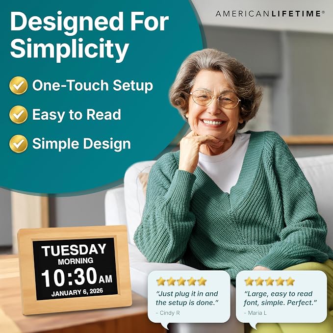 American Lifetime New 2026 Dementia Clock Large Digital Clock for Seniors, Alzeimer Clock Large Display with Custom Alarms, Clock with Day & Date for Elderly, Digital Calendar Premium Light Wood