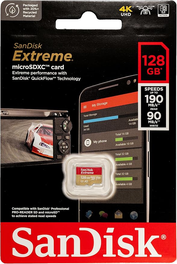 SanDisk Micro SDXC 128GB Extreme Memory Card (2 Pack) Works with DJI Drone Series Mini 4 Pro (SDSQXAA-128G-GN6MN) V30 A2 4K UHD UHS-I Bundle with (1) Everything But Stromboli MicroSD Card Reader