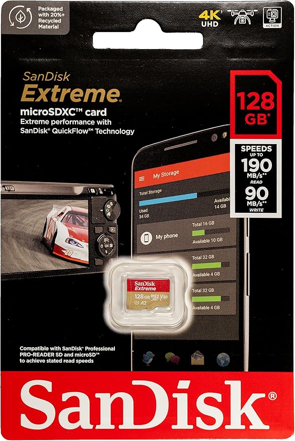 SanDisk 128GB MicroSD Extreme Memory Card (5 Pack) Memory Card for DJI FPV Drone (SDSQXAA-128G-GN6MN) Class 10 4K V30 UHS-I U3 A2 SDXC Bundle with (1) Everything But Stromboli Micro Card Reader