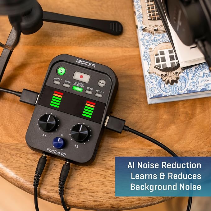Zoom PodTrak P2 Podcast Recorder, 2 USB Mic Inputs, 2 Headphone Outputs, AI Noise Reduction, Tone & COMP Effects, Remote Guest Recording, SD Card, Battery/USB-C Powered