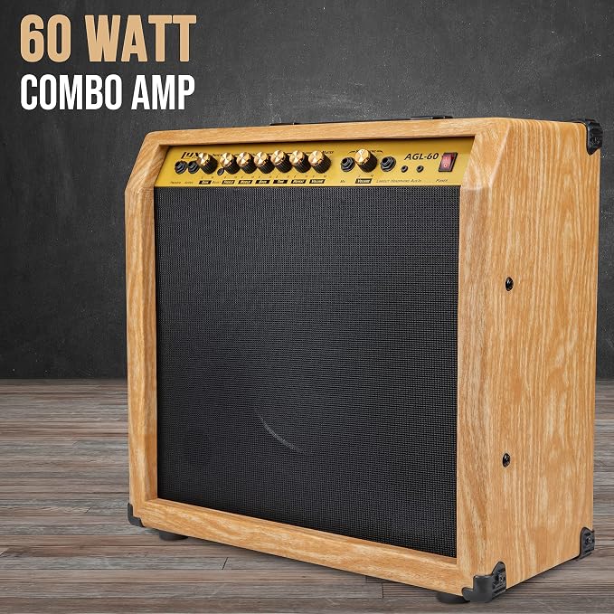 LyxPro 60 Watt Electric Guitar Amplifier | Combo Solid State Studio & Stage Amp with 10” 4-Ohm Speaker, Custom EQ Controls, Drive, Delay, ¼” Passive/Active/Mic Inputs, Aux In & Headphone Jack -Natural