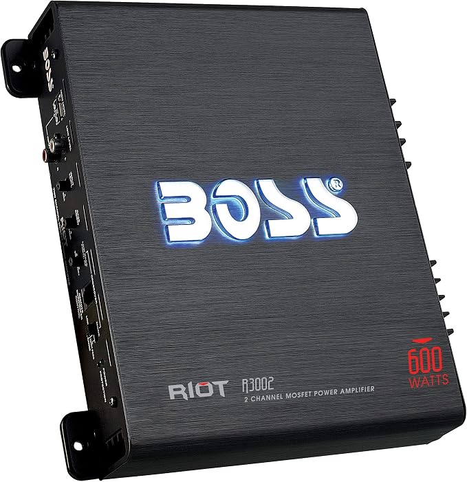 BOSS Audio Systems R3002 Riot Series Car Audio Amplifier - 600 High Output, 2 Channel, 2/8 Ohm, High/Low Level Inputs, High/Low Pass Crossover, Full Range, Hook Up to Stereo and Subwoofer, Class AB