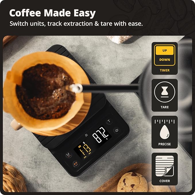 Greater Goods Coffee Scale with Timer, 0.1g Precision Digital Espresso & Pour Over Scale for Chemex, V60, Drip & Matcha Weighing, Waterproof Silicone Cover, 6.6lb Barista Brew Capacity (Onyx Black)