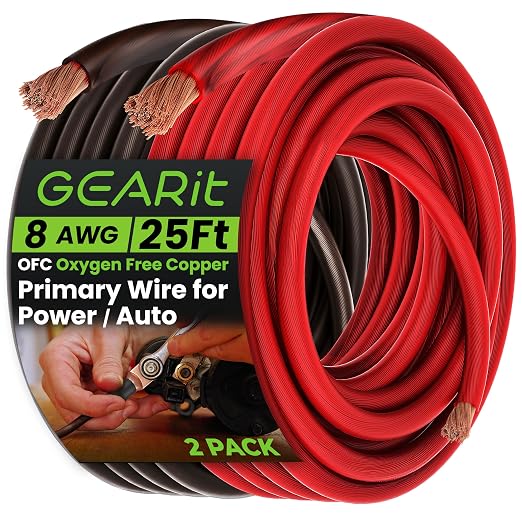 GEARit 8 Gauge OFC Wire 25 ft Black/Red Set, 8 AWG OFC Battery Cable, Oxygen-Free Copper Power Ground Wire for Car Audio Amp, RV, Marine