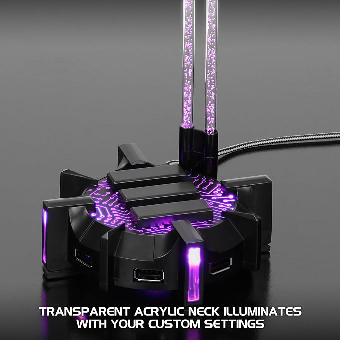 ENHANCE Gaming Headphone Stand Headset Holder with 4 Port USB Hub, Customizable LED Lighting, Flexible Acrylic Neck - Universal Hanger with Weighted Base for Wired or Wireless Headsets - PS4, Xbox, PC
