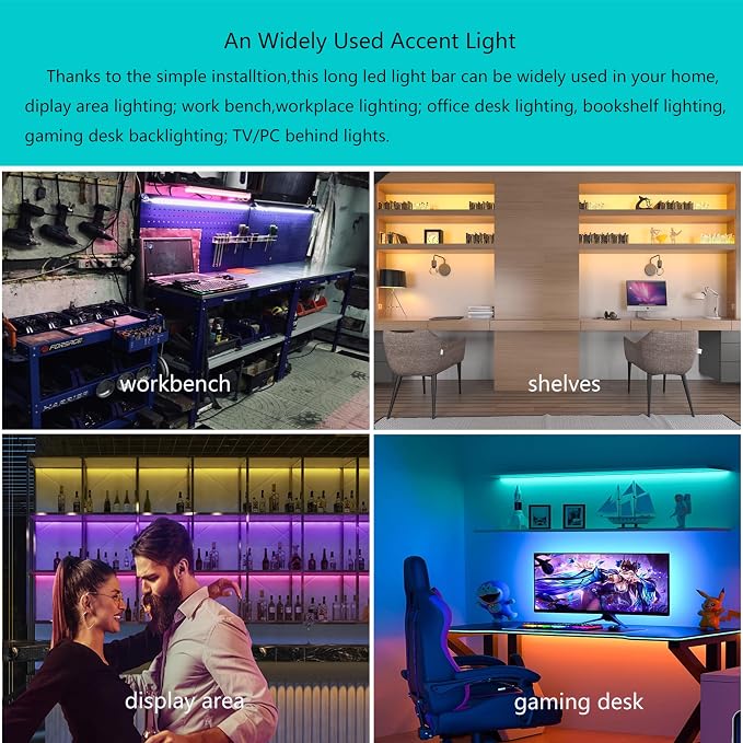 Plug In Under Cabinet Lighting, RGB LED Light Bar Works with Alexa, Google Assistant, Smart App, 20Inch, Ultra-Thin Room Lights Strip Dimmable for Kitchen Counter, Shelf, Desk, Closet, Music Sync,1pcs