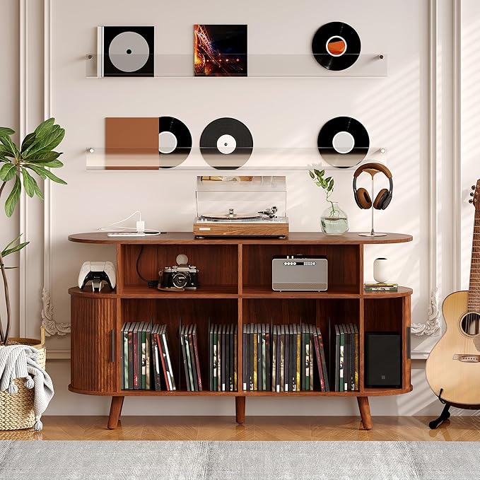 Garvee 55'' Fluted Mid Century Modern Turntable Cabinet with Vinyl Storage, Large Round Record Player Stand with Charging Station and Display Shelf, Arched Wood Record Player Table for Living Room