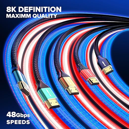 Maximm HDMI 2.1 Cable 10 Feet, Multicolor, 2 Pack, 8K 60Hz 4K 120Hz Ultra High Speed, 48Gbps, eARC, Dolby Vision