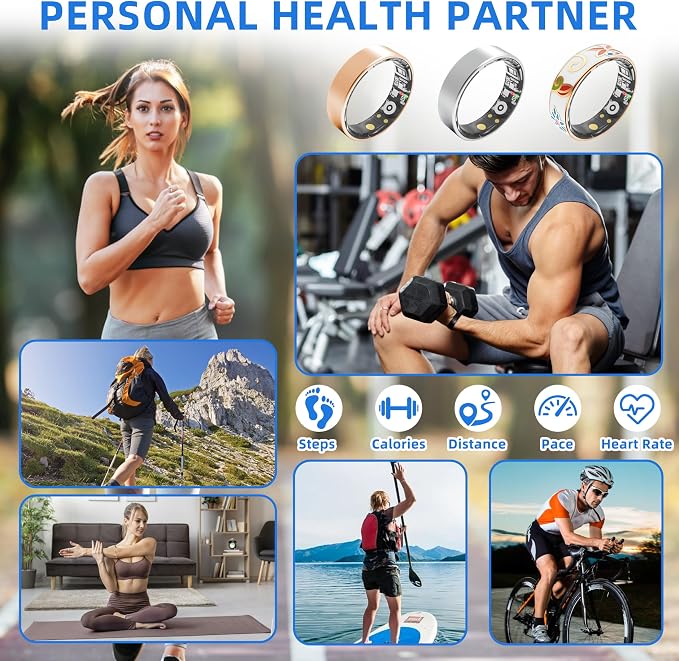 Smart Ring | No Subscription Health Tracker Enamel Color Size9 | 5ATM waterproof, 5day battery, Fitness & heart rate & SpO2 & pressure tracker, iOS & Android compatible, family care