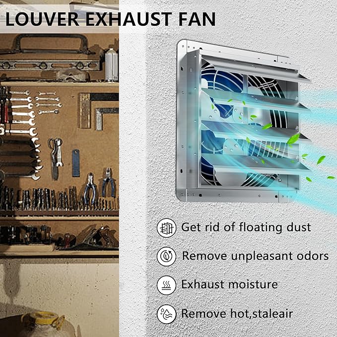 16 Inch Shutter Exhaust Fan, Aluminum Wall Mounted Exhaust Fan, 2060 CFM High Speed Automatic Shutter Attic Fan, Vent Fan For Greenhouse,Shed,Shop,Garage