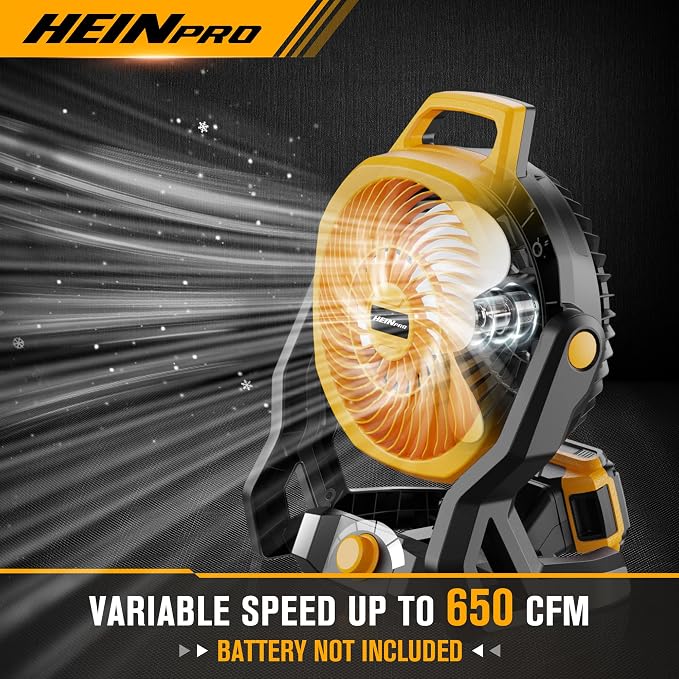 HEINPRO Portable Fan Battery Powered, Compatible with Dewalt 20V Max Battery, 650CFM Camping Travel Fan with Variable Speed, Silent Low Noise, for Workshop Garage Jobsite Use, AC Adapter Included