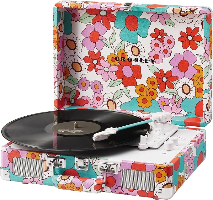 Crosley CR8005F-GF Cruiser Plus Vintage 3-Speed Bluetooth in/Out Suitcase Vinyl Record Player Turntable with Built-in Speakers, Groovy Floral