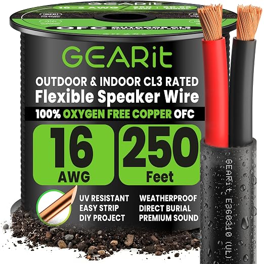 GEARit 16 Gauge Speaker Wire OFC 250 ft,Outdoor Speaker Wire UL CL3 Rated Copper Wire with Polarity Mark, Speaker Cable for in-Wall,Home,Car,Outdoor,Garden,Commercial Audio Systems(Black,2-Conductors)