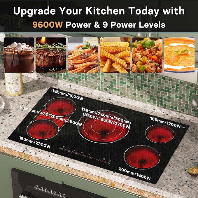 36 Inch Electric Cooktop 5 Burner, Built-in Electric Stovetop with Flexible Bridge & Triple Ring Burner, 9600W Cooktop Electrics with BBQ Burner, Timer, Safety Lock,Pause, 220V-240V Hard Wire