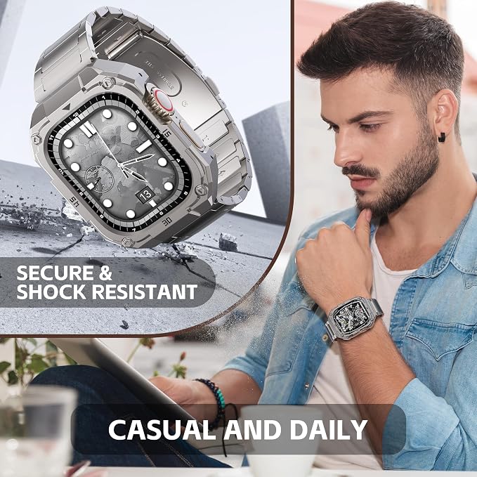 Mechanical Metal Watch Case with Band Compatible with Apple Watch Series 11/10 46mm Band,Rugged Military Stainless Steel Protective Bumper Cover,Tough Business iwatch Band Strap for Men,Titanium