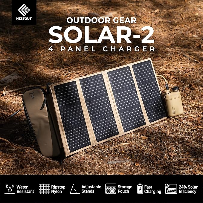 NESTOUT Portable Solar Panel, USB-C and USB-A Ports, 28W Solar Charger for Camping, Water Repellent Ripstop Nylon, Foldable Compact Design, Digital Ammeter, Adjustable Stand, Beige (4 Panel)