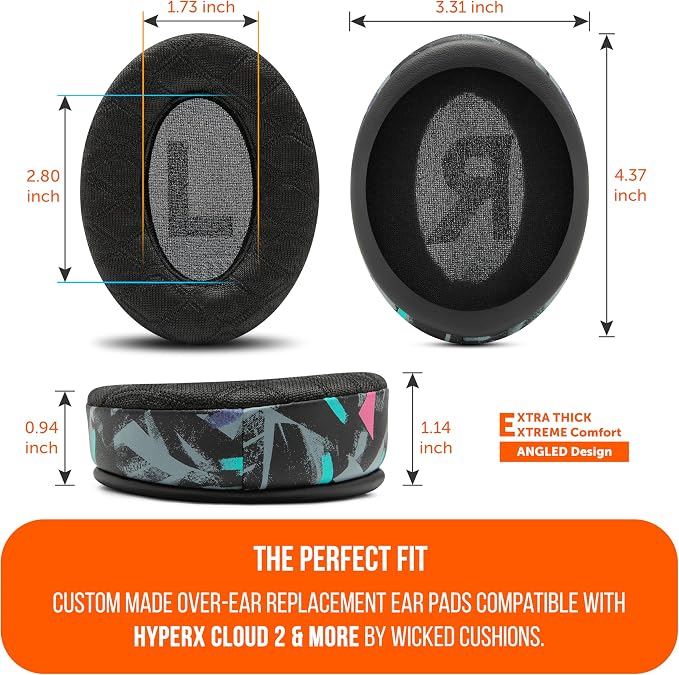 WC Freeze V2 Cloud - Angled Cooling Gel Earpads Compatible with HyperX Cloud Series by Wicked Cushions | Angled Pads for Extreme Comfort, New Freeze V2 Cooling Fabric, Extra Thick | 90's Black