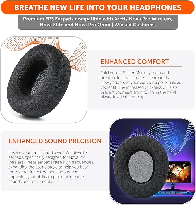 WC StealthZ Nova Pro Wireless - FPS Oriented Earpads for Arctis Nova Pro Wireless, Nova Elite, & Nova Pro Omni by GadgetryTech & Wicked Cushions | Sound Precision & Comfort for FPS Games | Black